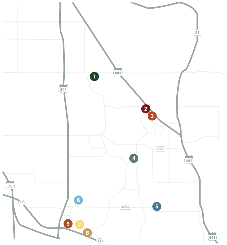 Map of Nine Health Insurance Resource Center Locations in The Villages
